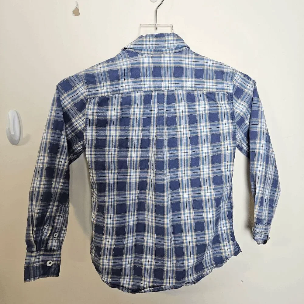 Mini Boden Plaid Long Sleeve Collared Button Down Shirt Boys Blue Yellow, and Wh